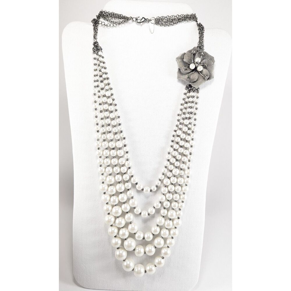 Pearls Five Strand Faux Mesh Look Flower Rhinestone Accent